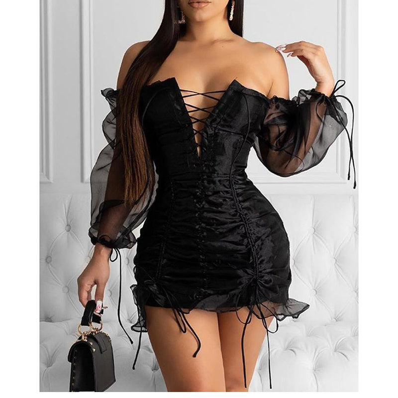 Women's black sexy party dress with mesh lace