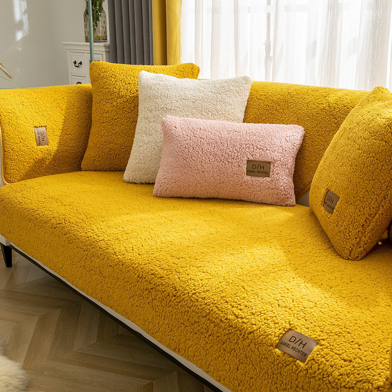 Modern Solid Color Winter Lamb Wool Sofa Towel Thicken Plush Soft And Smooth Sofa Covers For Living Room Anti-slip Couch Cover - HJG