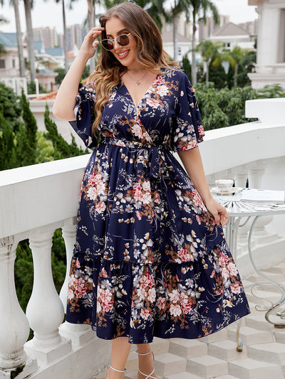 Summer V-neck Dark Blue Print Plus Size Dress