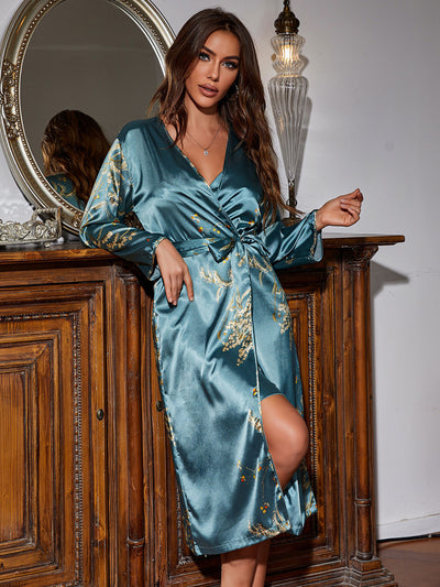 Medium Sleeve Long Belted Bathrobe Morning Gown Fashionable Thin Household Clothes