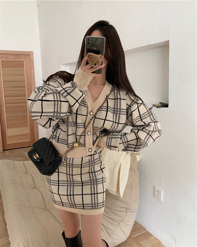 V-neck Plaid Knitted Cardigan Sheath Skirt Skirt Outfit