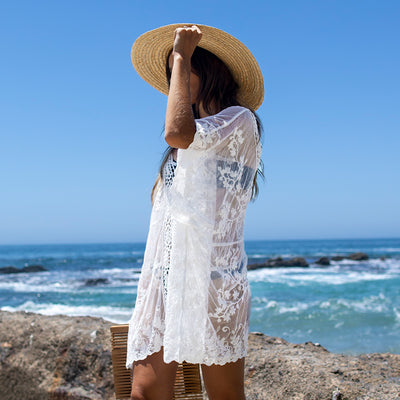 White Lace Crochet Bikini Cover Up Sexy V-neck Loose Chiffon