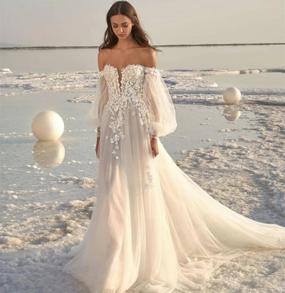 Women's Puff Sleeve Beach Wedding Dress