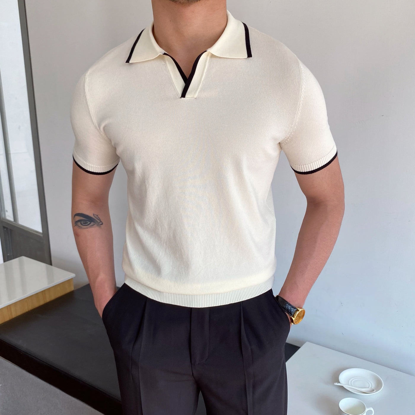 Men's Elbow-sleeved Top Fashion Polo Collar Casual T-shirt