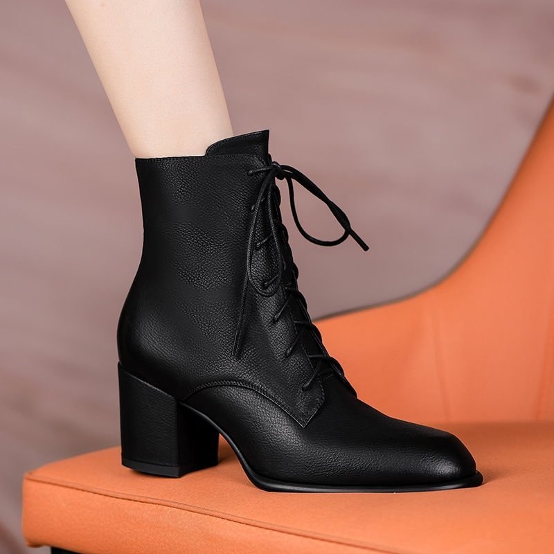 Retro British Style Thick Heel Soft Surface Pointed-toe Lace Mid-heel Boots