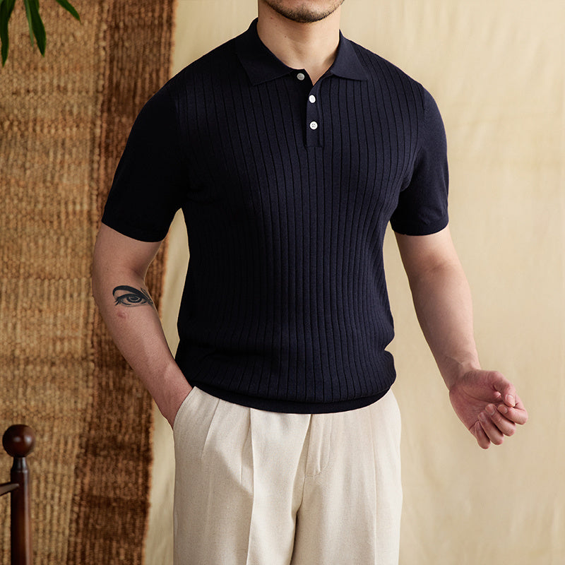 Slim Fit Sunken Stripe Polo Shirt Tencel Cotton Knit Breathable T-shirt