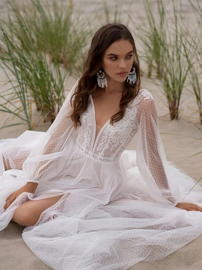 Beach Boho V-Neck Tulle Wedding Dress