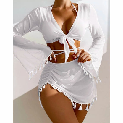 4pcs Solid Color Bikini With Short Skirt And Long Sleeve Cover-up Fashion Bow Tie Fringed Swimsuit Set Summer Beach Womens Clothing - HJG
