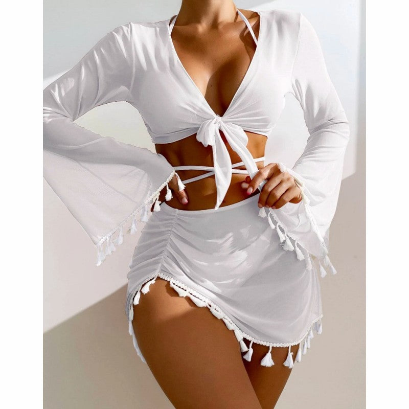 4pcs Solid Color Bikini With Short Skirt And Long Sleeve Cover-up Fashion Bow Tie Fringed Swimsuit Set Summer Beach Womens Clothing - HJG