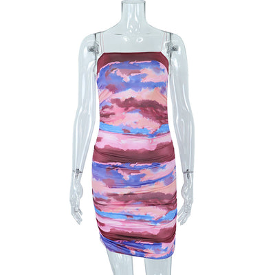 Off The Neck Digital Printing Short Pleated Short Dress