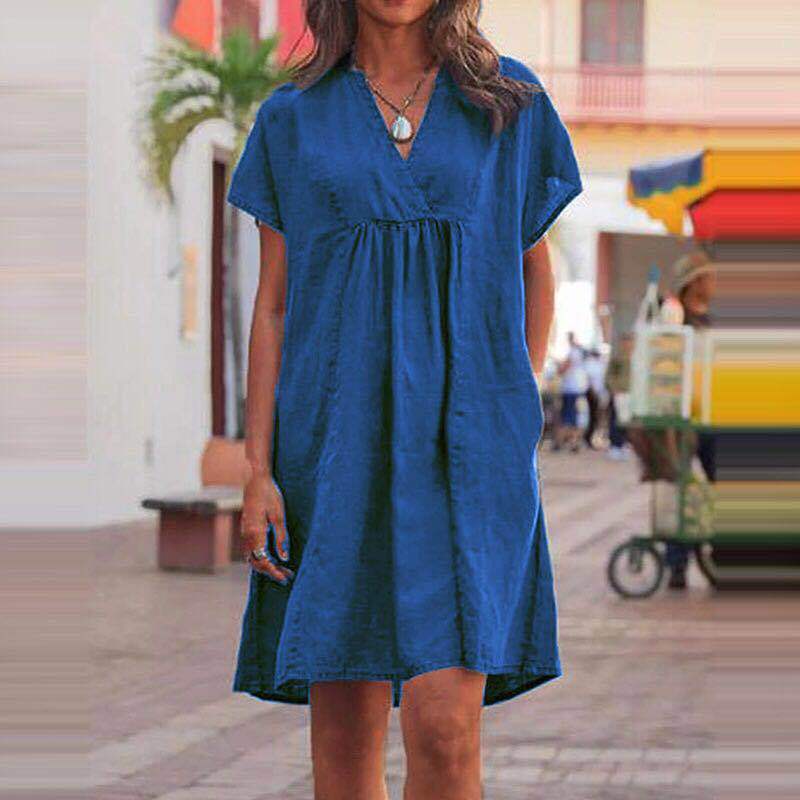 Short Sleeve Stitching V-neck Dress