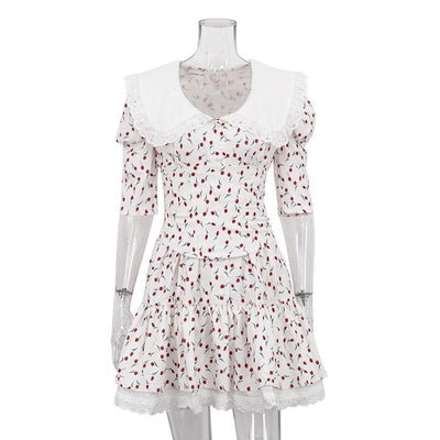 New Peter Pan Collar Short Sleeve Floral Dress Graceful And Fashionable Tight Waist Pettiskirt