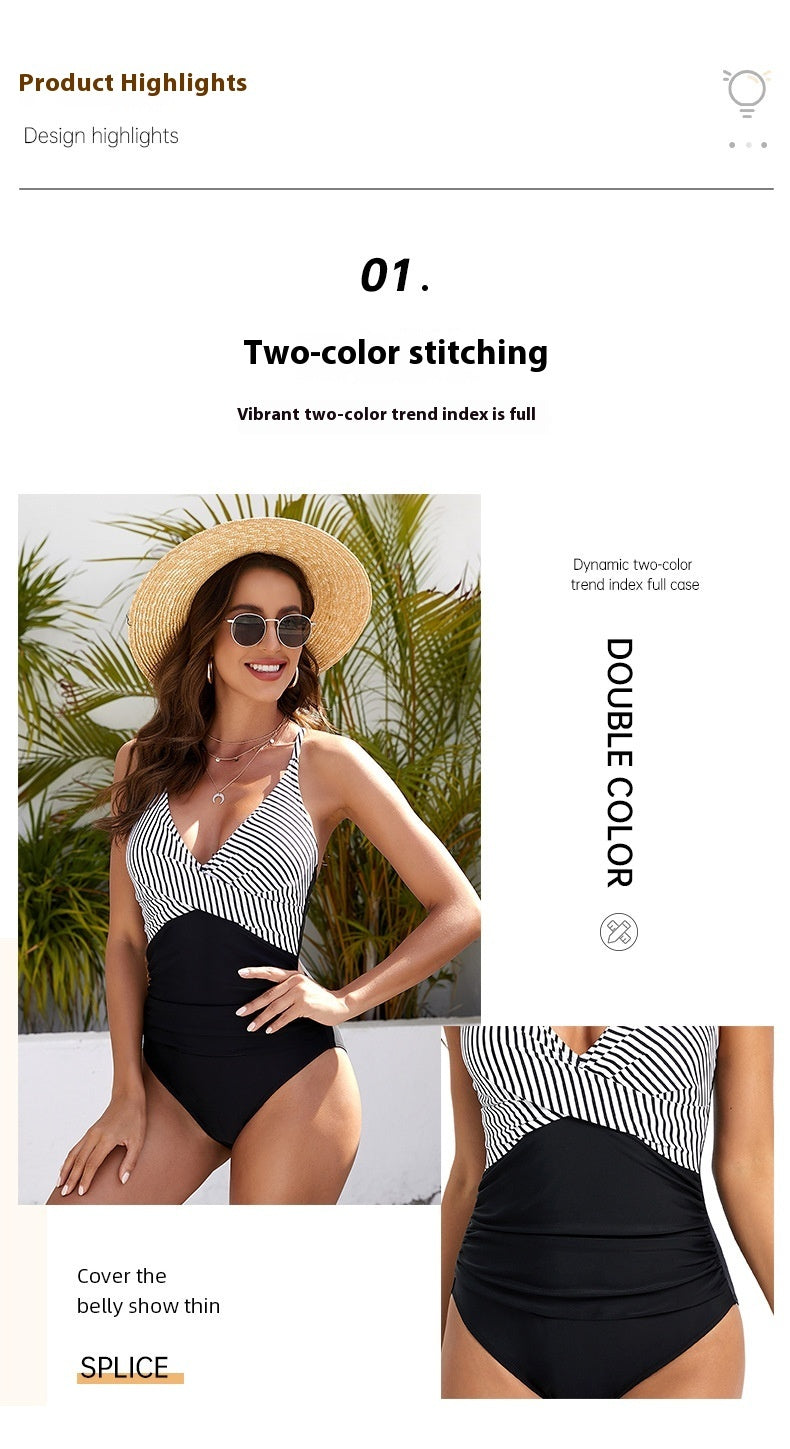 Striped Spaghetti Straps One-piece Swimsuit Sexy Backless Triangle Swimwear