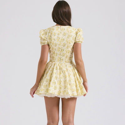 V-neck Puff Sleeve Dress Yellow Flowers Print French Style Sweet Pleated Dresses Womens Clothing