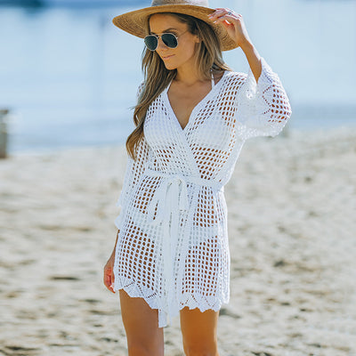 Women's New Knitted Crochet Cutout Tie Beach Blouse - HJG