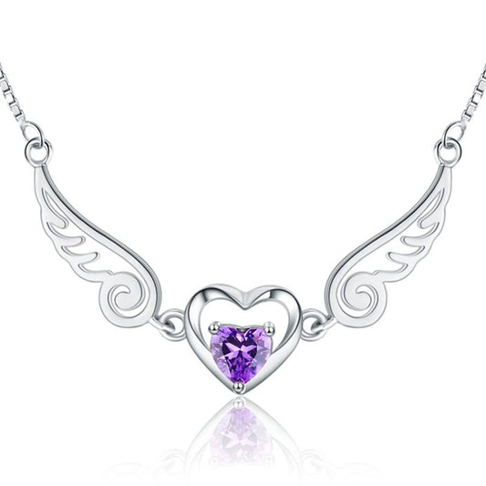 Angel Wings Necklace Pure Silver 925 Jewelry Romantic Purple Crystal Heart Necklaces For Women Sterling-Silver-Jewelry Necklace