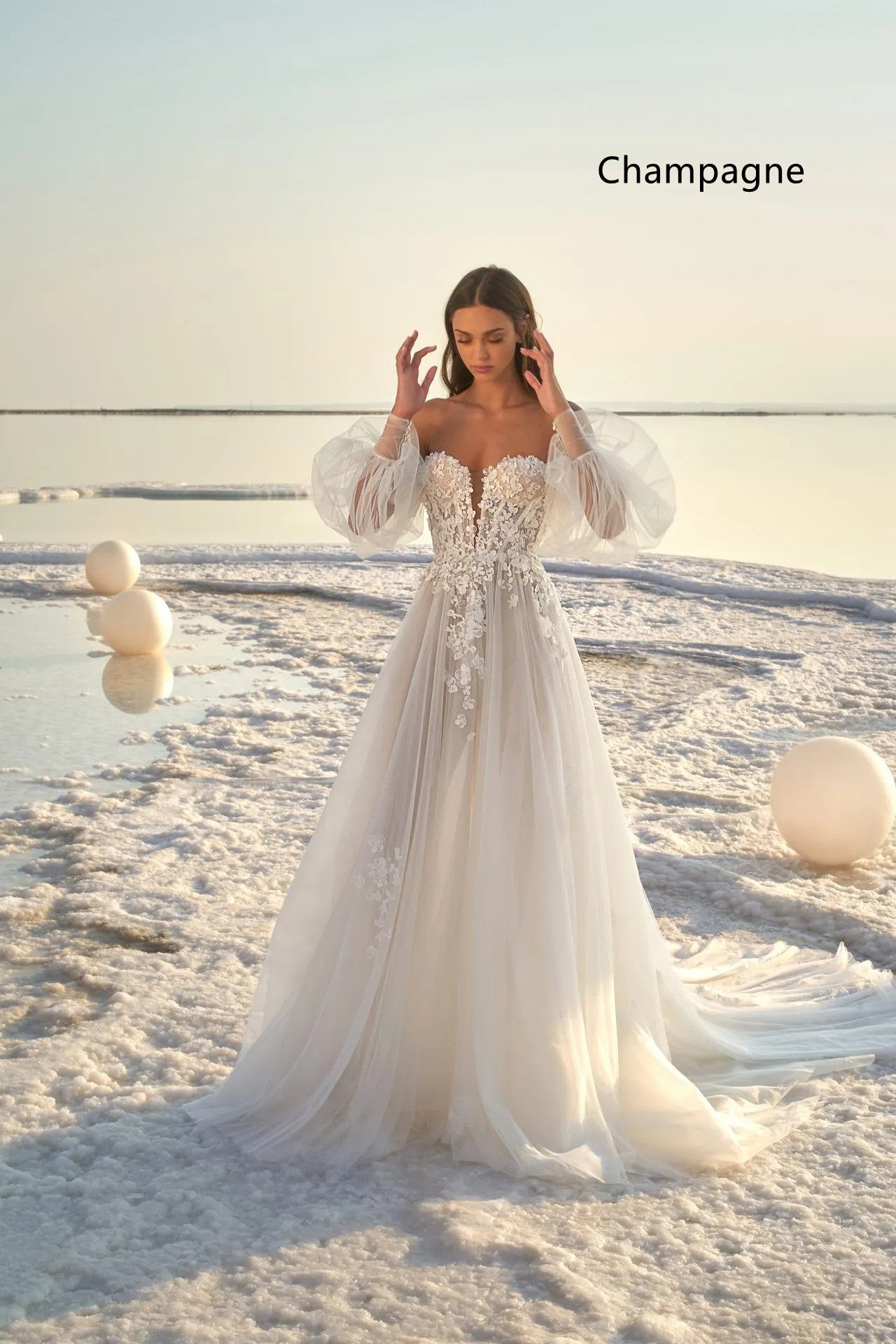 Women's Puff Sleeve Beach Wedding Dress