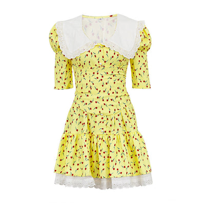 New Peter Pan Collar Short Sleeve Floral Dress Graceful And Fashionable Tight Waist Pettiskirt