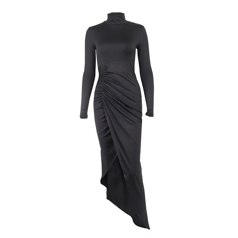 Solid Turtleneck Long Sleeve Pleated Slim Fit Slit Long Gown Dress