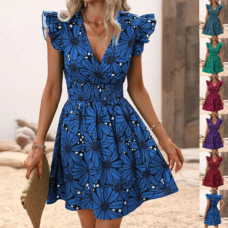 New Flowers Print Ruffled Sleeveless Dress Summer Sexy Deep V-neck Slim-waist Short Dresses For Womens Clothing - HJG