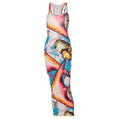 Summer New Sexy Backless Sleeveless Fashion Printed Dress