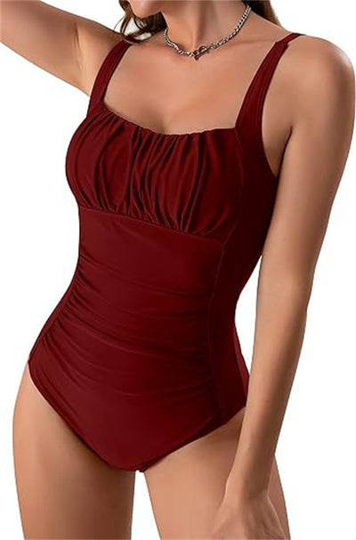 Sexy Square Neck One-piece Bikini Summer New Solid Color Pleated Design Swimsuit Beach Vacation Womens Clothing