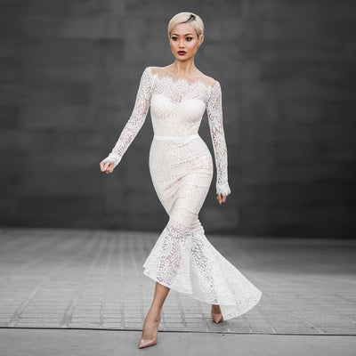 Fishtail Dress Strapless Shoulder Long Sleeve Lace Gown