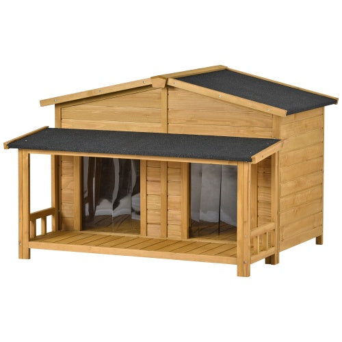 Large Wooden Dog House Outdoor Hut Style With Porch, 2 Doors