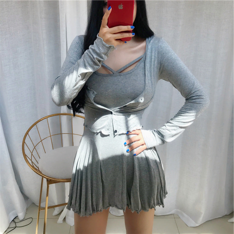 Micro Transparent Slim Cardigan Suspender Waist Two-piece Dress Female