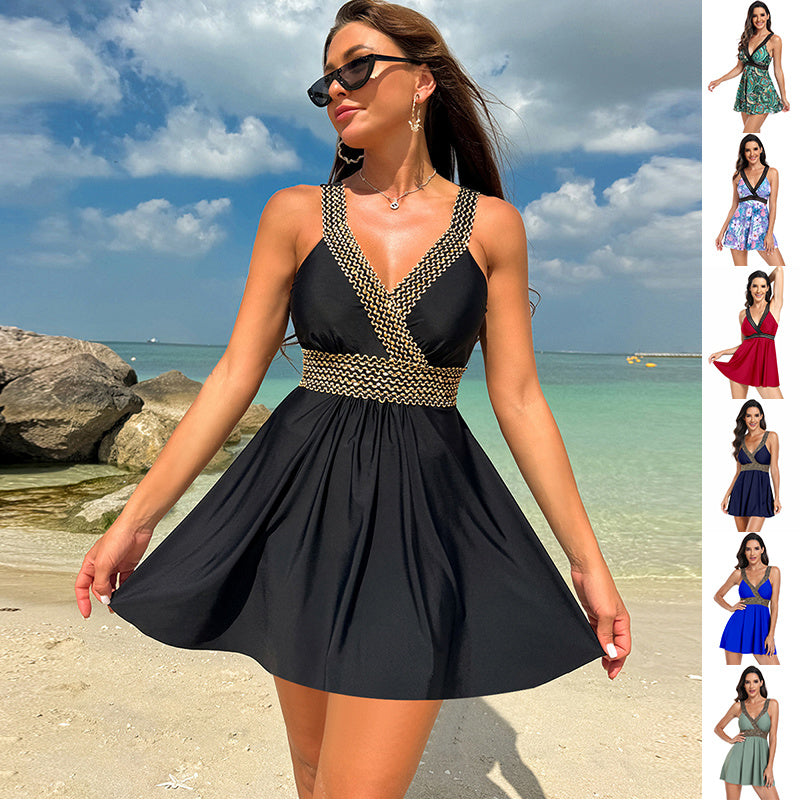 V-neck Printed Swimsuit Dress Summer Beach Vacation Bikini Fashion Womens Clothing - HJG
