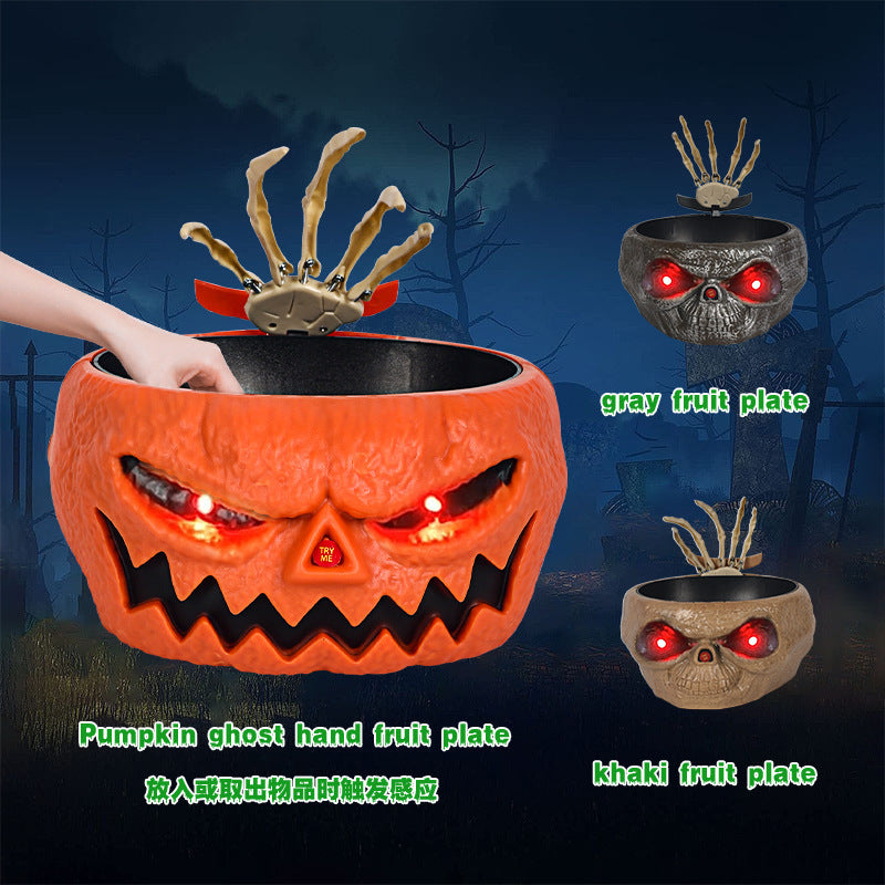 Halloween Candy Bowl Plastic Pumpkin Bowl With Motion Activated Hand, Halloween Serving Dishes Battery Operated Halloween Pumpkins Bowl For Trick-or-Treaters Party