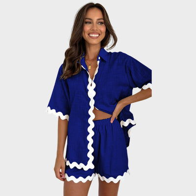 Outfit Women's Short-sleeved Button Shirt Casual Loose Shorts Two-piece Set