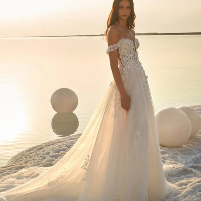 Women's Puff Sleeve Beach Wedding Dress