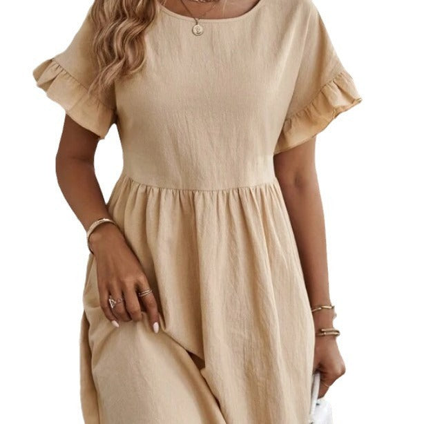 Women's Elegant Round Neck Loose Cotton And Linen Dress