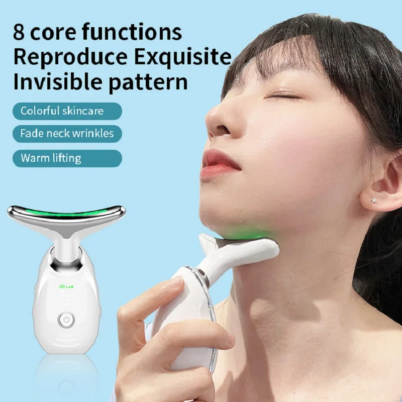 Neck Face Beauty Device Colorful LED Photon Therapy Skin Tighten Reduce Double Chin Anti Wrinkle Remove Lifting Massager - HJG