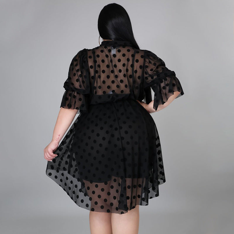 Plus Size Sexy Mesh Hollow See-through Irregular Swing Dress