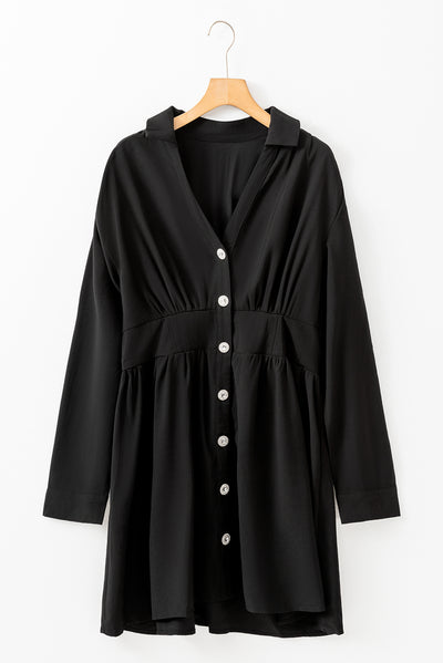 Black Elastic Cinched High Waist Long Sleeve Shirt Mini Dress