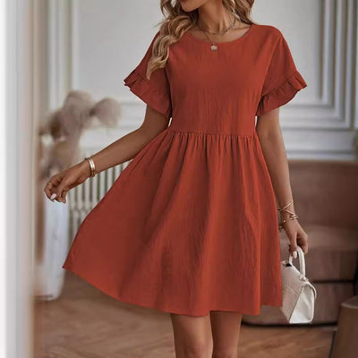 Women's Elegant Round Neck Loose Cotton And Linen Dress