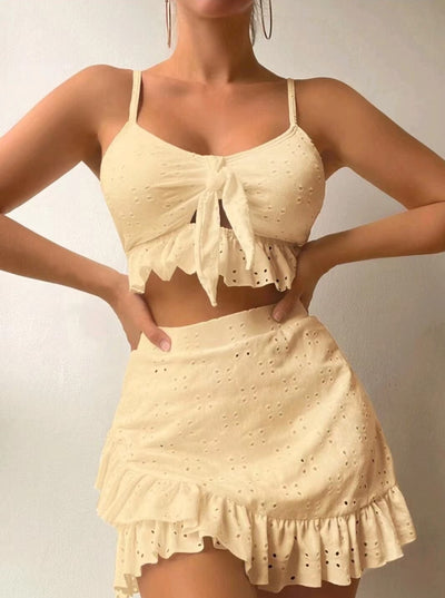 3pcs Beach Bikini With Hip-hugging Skirt Fashion Ruffle Design Swimsuit Set Summer Womens Clothing - HJG