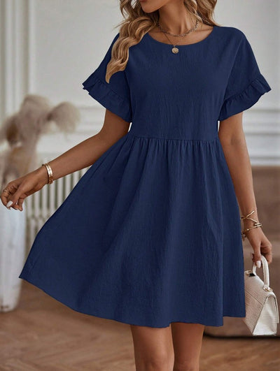 Women's Elegant Round Neck Loose Cotton And Linen Dress