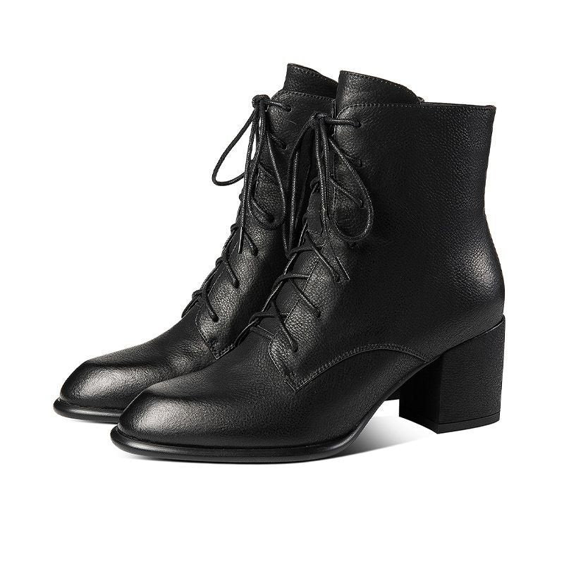 Retro British Style Thick Heel Soft Surface Pointed-toe Lace Mid-heel Boots