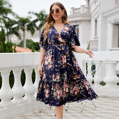 Summer V-neck Dark Blue Print Plus Size Dress