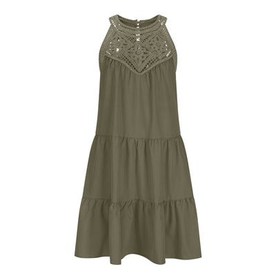 European And American Hollow Lace Stitching Halterneck Vest Dress