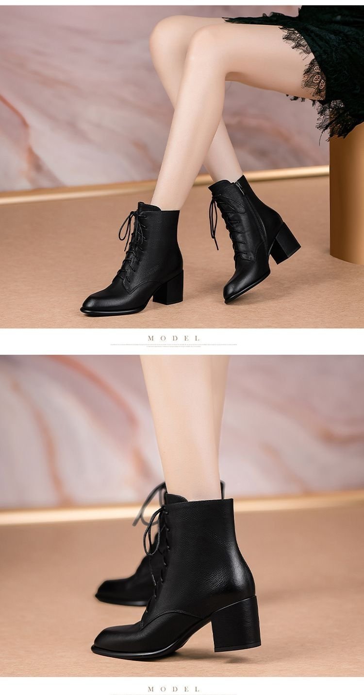 Retro British Style Thick Heel Soft Surface Pointed-toe Lace Mid-heel Boots