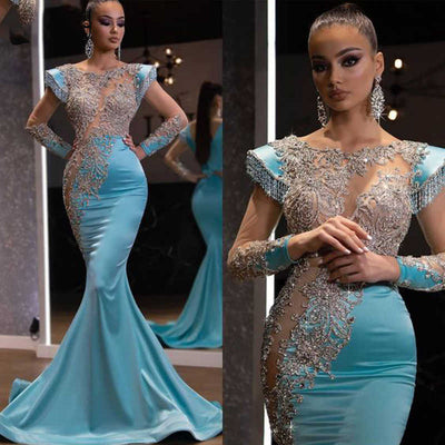 Light Blue Fishtail Dress New Feast President's Sarkin Series High Waist Slim Fashion Elegant Annual Meeting Evening Dress Women