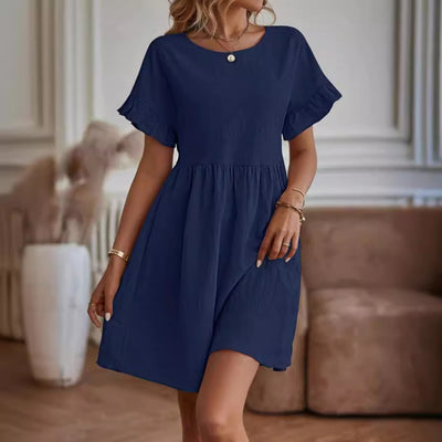 Women's Elegant Round Neck Loose Cotton And Linen Dress