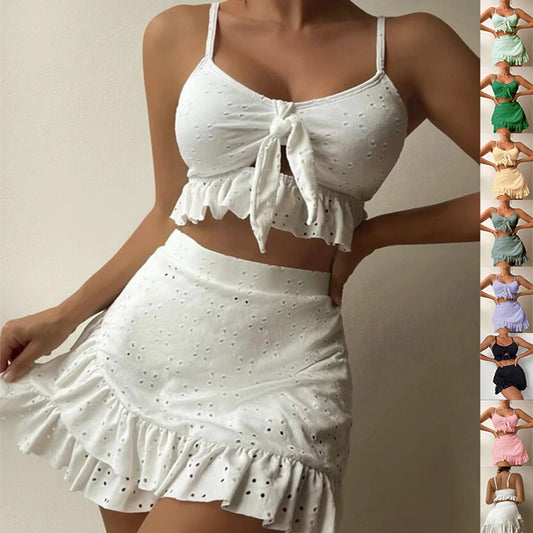3pcs Beach Bikini With Hip-hugging Skirt Fashion Ruffle Design Swimsuit Set Summer Womens Clothing - HJG