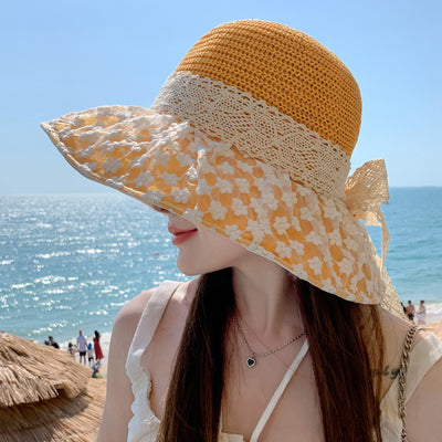 Lace Bow Straw Fisherman Hat Summer Outdoor Sunhat With Large Brim Anti-UV Sunshade And Face Protection Hat