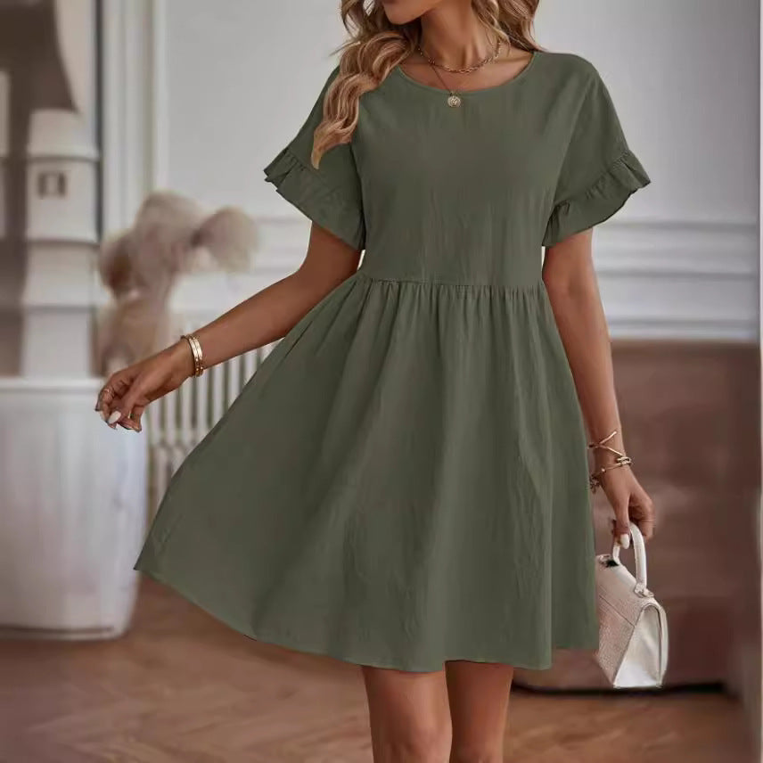 Women's Elegant Round Neck Loose Cotton And Linen Dress