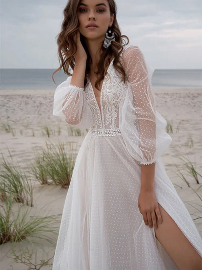 Beach Boho V-Neck Tulle Wedding Dress